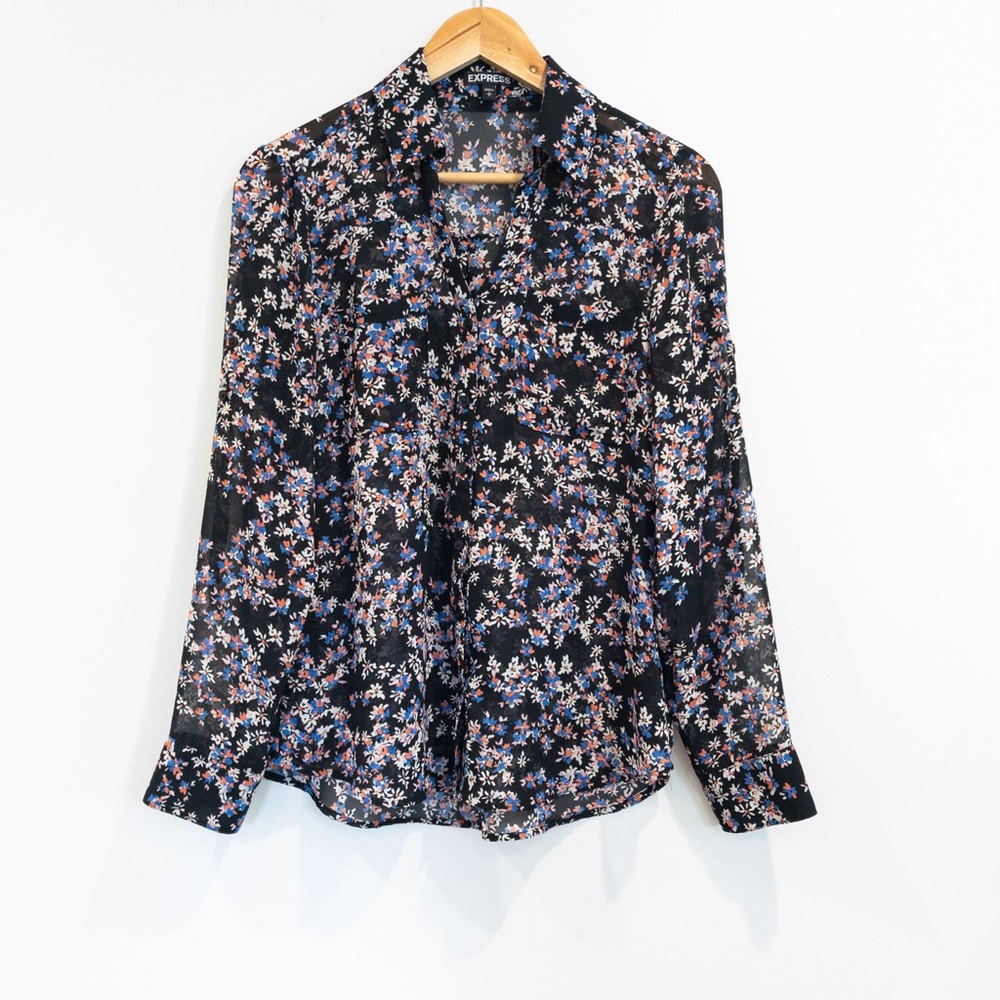Express Portofino Black Floral Roll Tab Button Down Shirt Corpcore Small